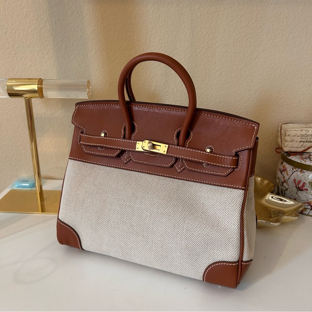 25cm Leather & Canvas Combo Brown Satchel
